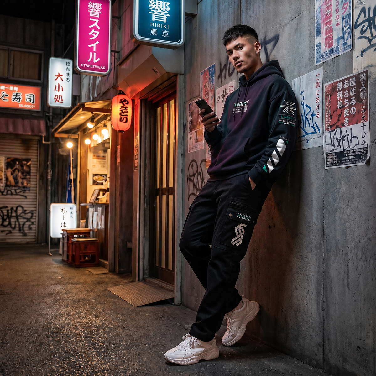Man leaning against a wall in an urban setting with street signs and posters.
