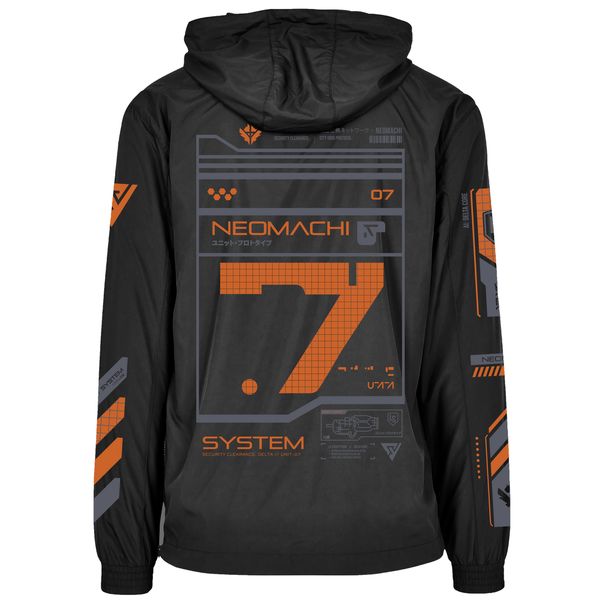 SYSTEM 7 windbreaker in black with the orange colourway, shown from the back with the large cyberpunk graphic print.