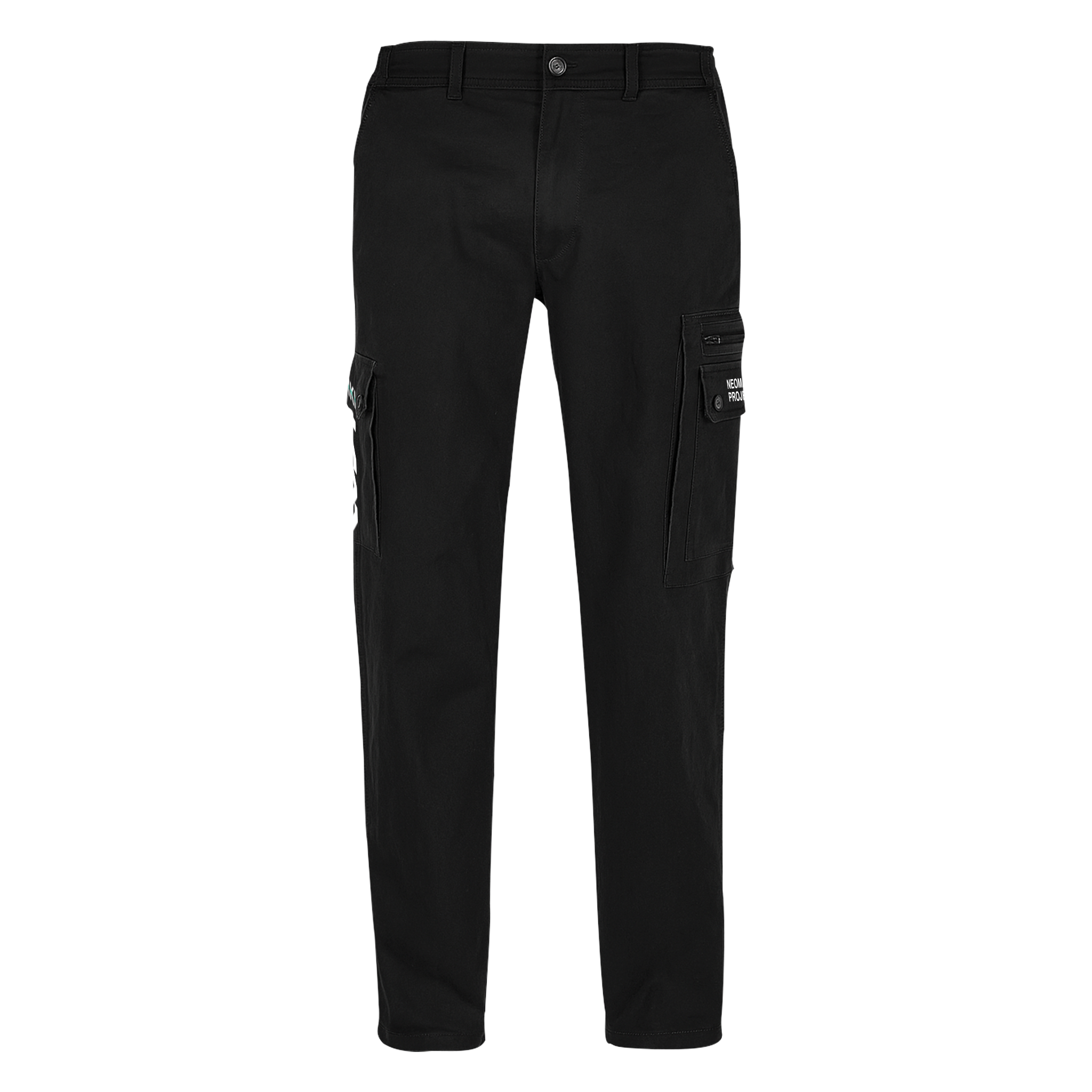 Black cargo pants on a white background