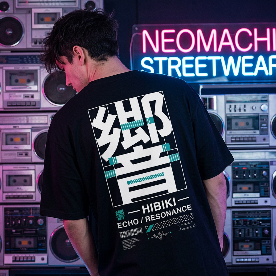 Person wearing a black t-shirt with white text in front of vintage radio equipment and neon signs.