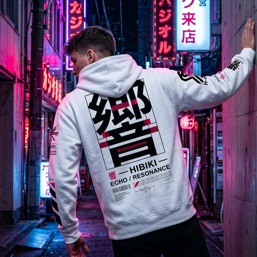 A man stands in a neon-lit alley wearing a white hoodie with a large black Japanese graphic and text on the back, including 'HIBIKI ECHO / RESONANCE'.