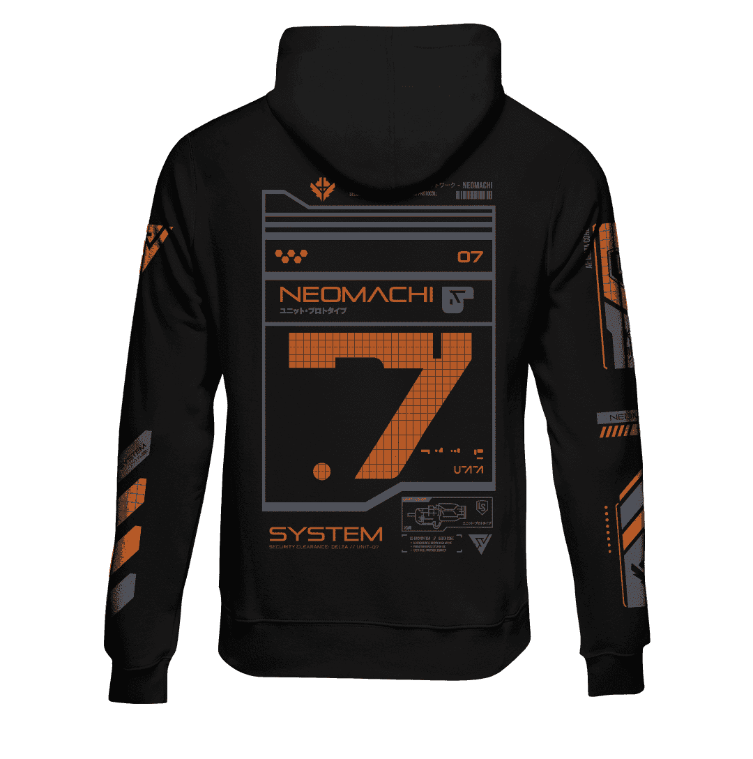 SYSTEM 7 retro-futuristic interface hoodie, back view