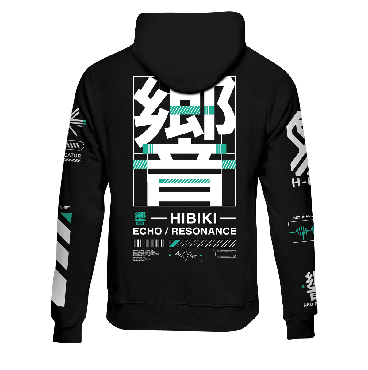 HIBIKI echo kanji cyberpunk hoodie, back view