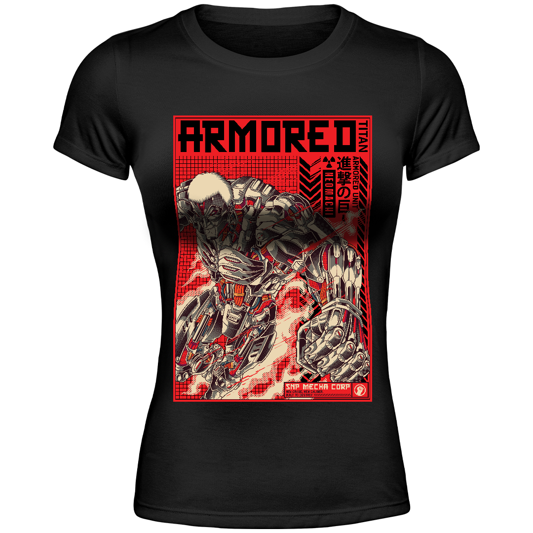 A black short-sleeve crewneck t-shirt featuring a large red and white graphic print of a robotic character with the text 'ARMORED TIM' on the front.