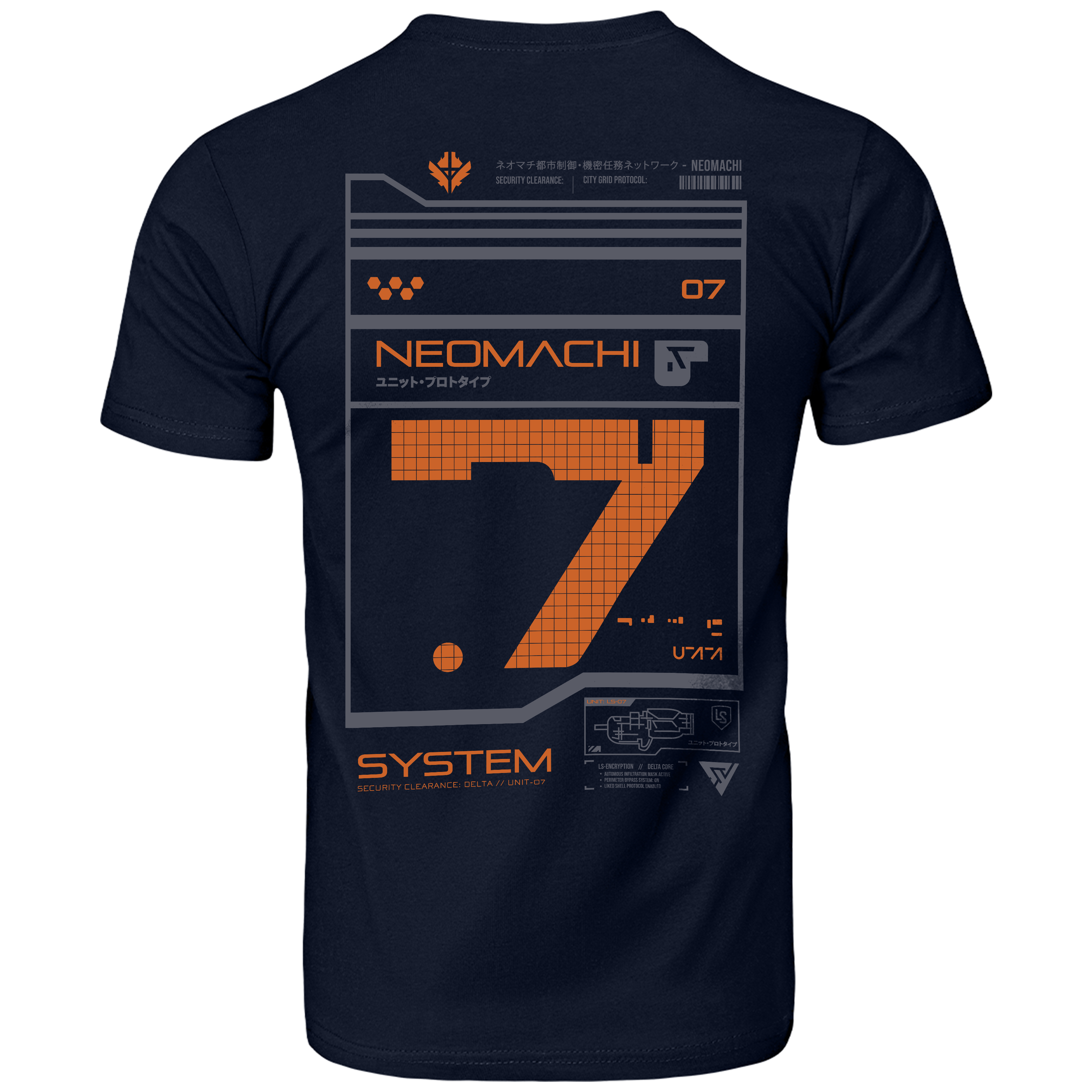A navy blue short-sleeve t-shirt shown from the back, featuring a large orange and gray sci-fi graphic print with the text 'NEOMACHI' and 'SYSTEM'.