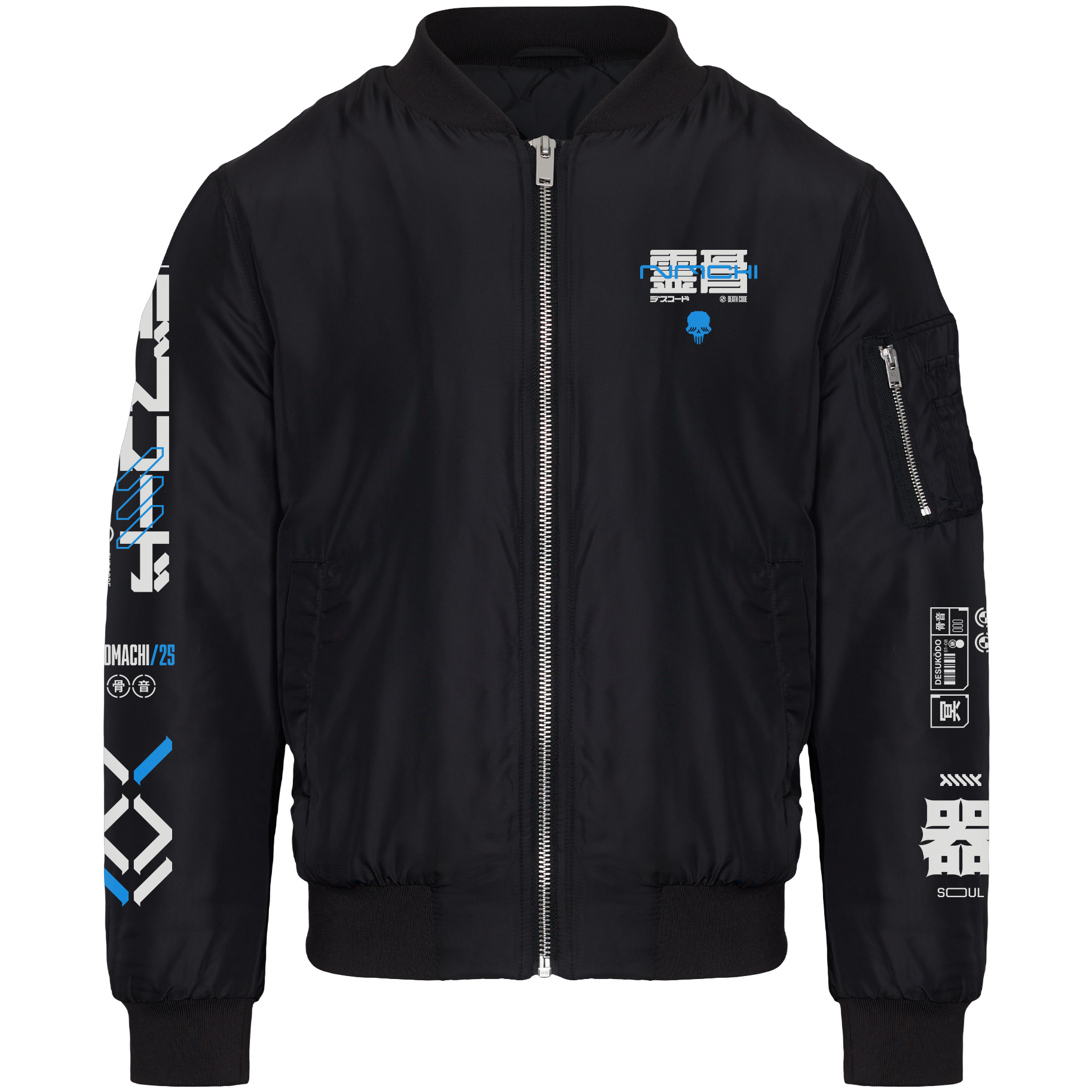 DESUKODO Premium Bomber Jacket - Front view of black cyberpunk bomber with white and blue Death Code designs on sleeves and chest logo