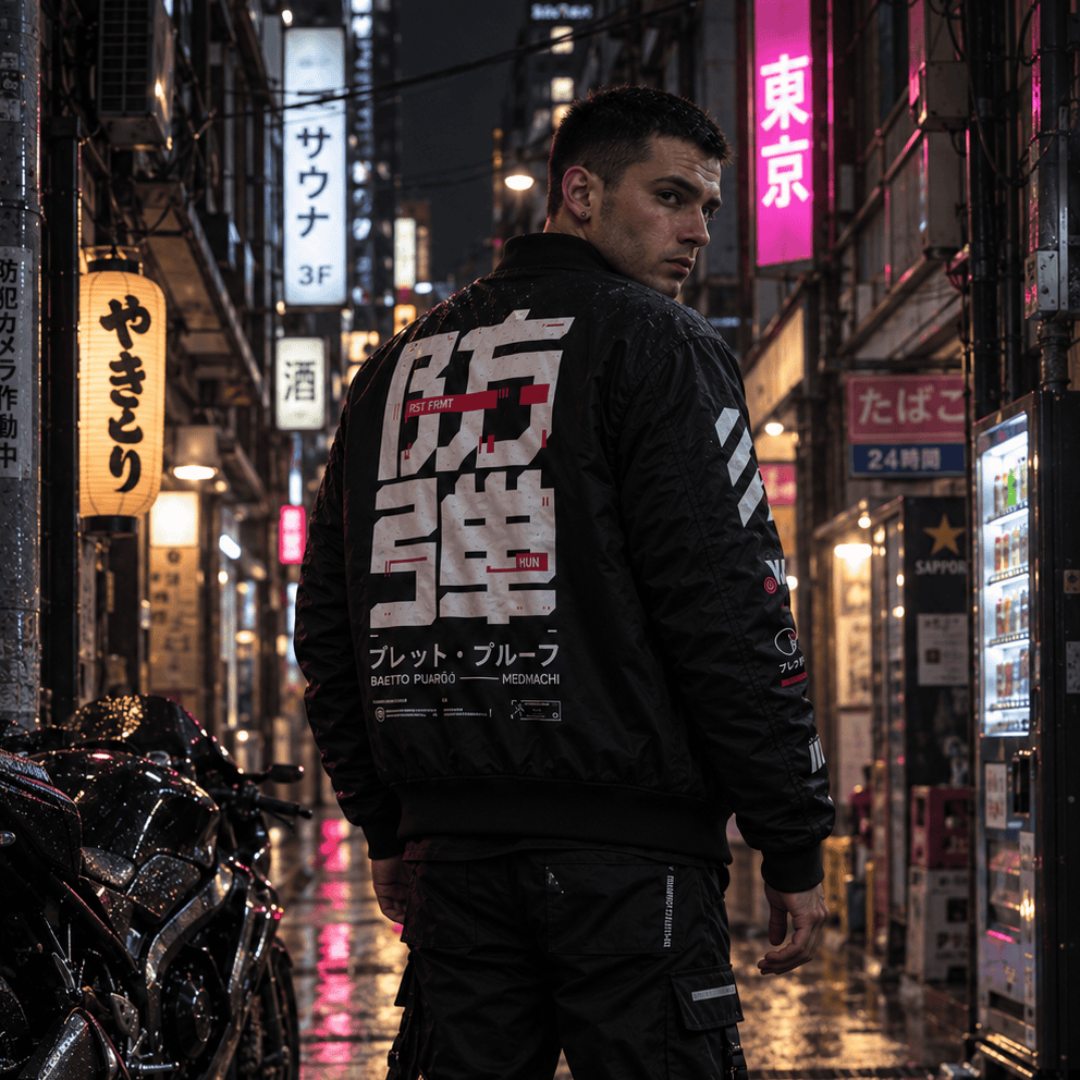 BLLTPRF premium cyberpunk bomber jacket, view 2