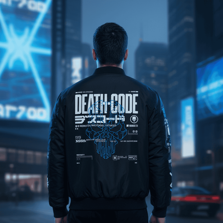 Person wearing a black jacket with 'DEATH CODE' text in a futuristic city setting