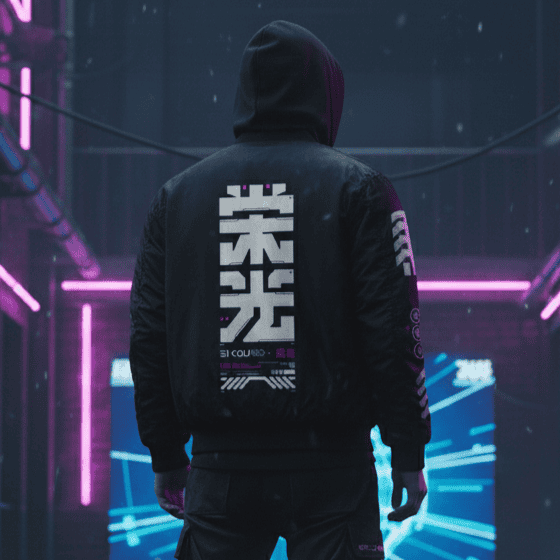 Person wearing a hoodie with a futuristic cityscape and neon lights in the background