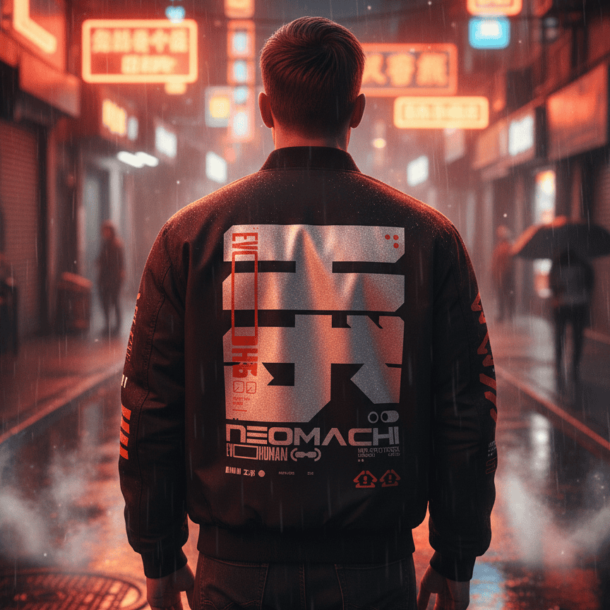 Person wearing a jacket with a brand logo in a neon-lit city street