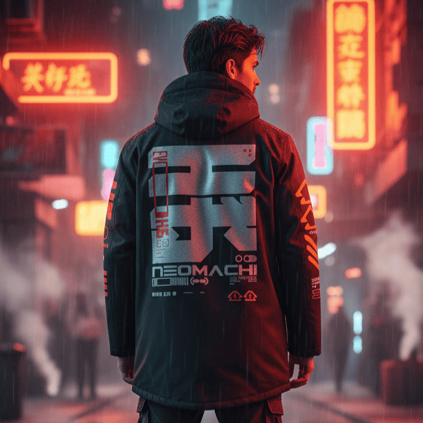 Person wearing a jacket with visible branding in a neon-lit urban alleyway