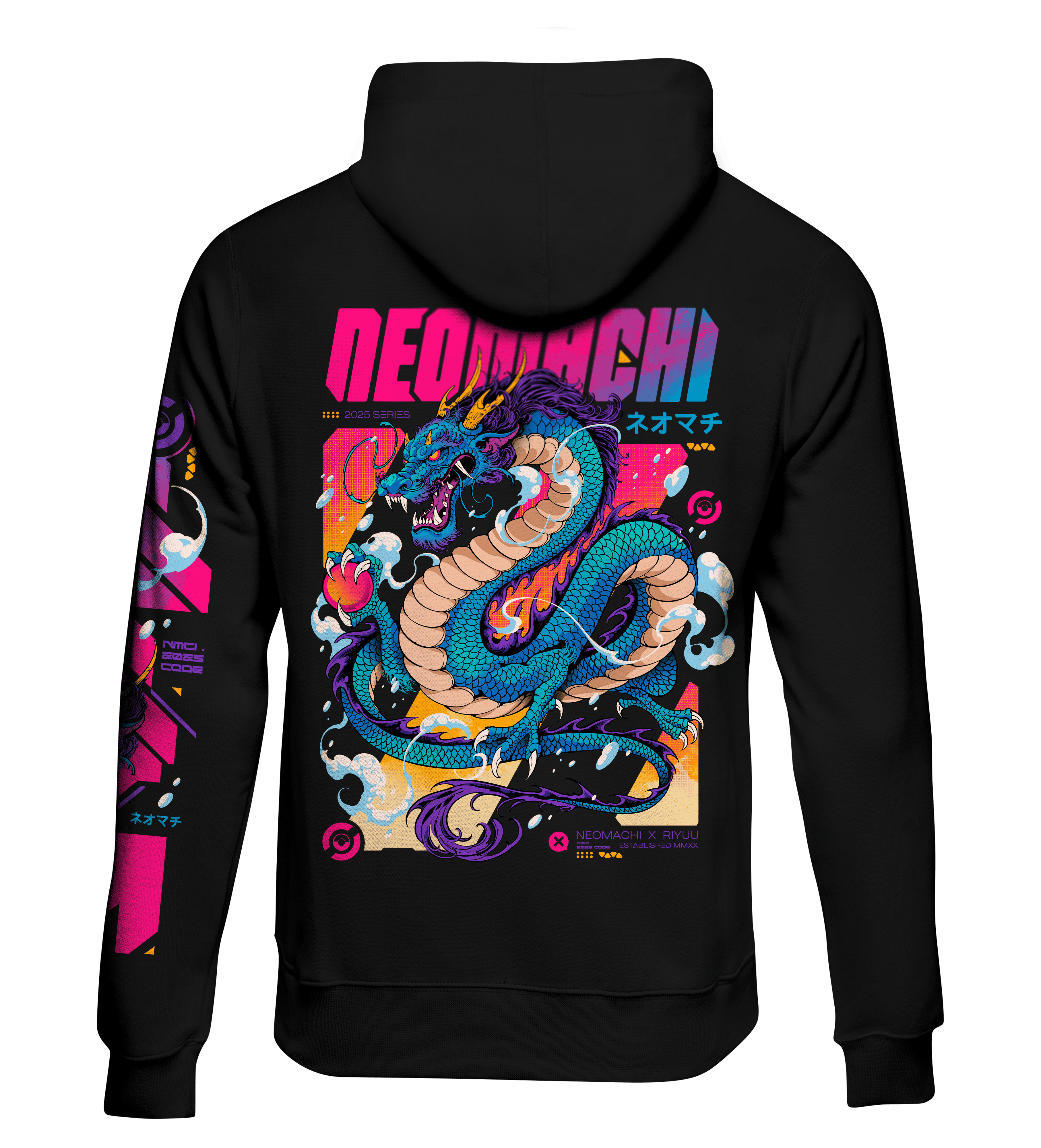 Black hoodie with a colorful dragon design and 'Neomachi' text on the back.