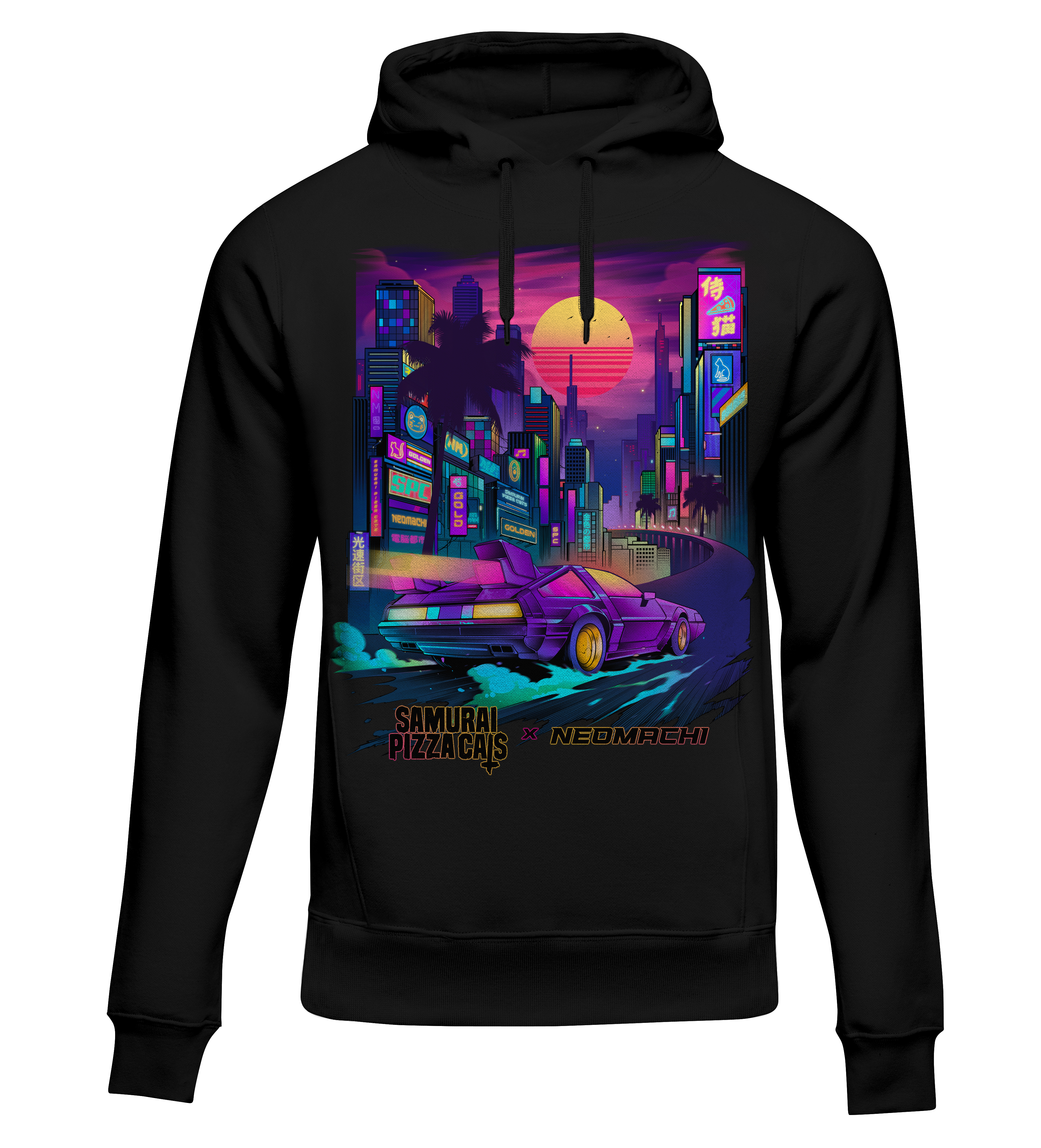 Black hoodie with a vibrant cityscape graphic on a white background