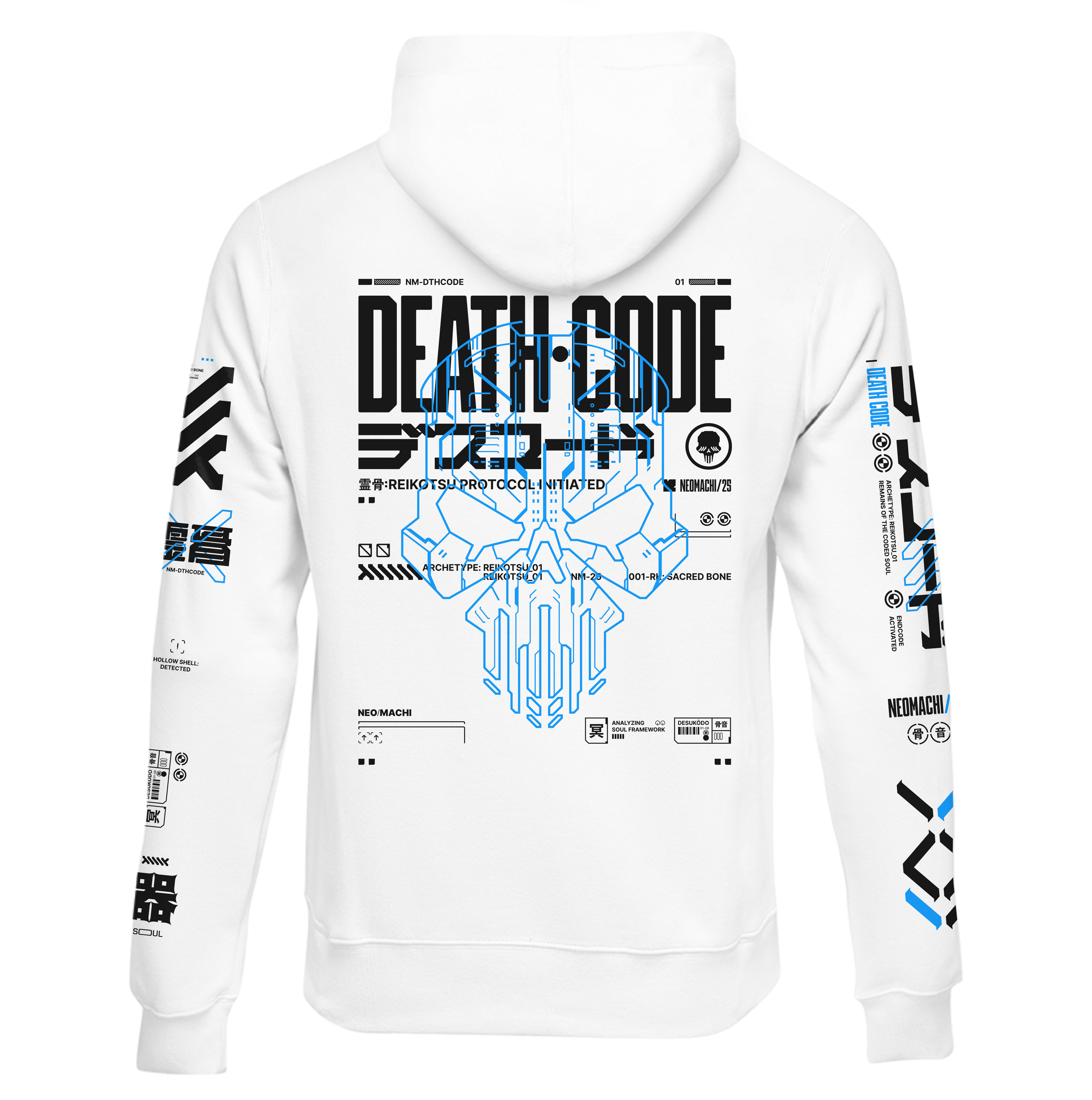 White hoodie with 'Death Code' design on a white background