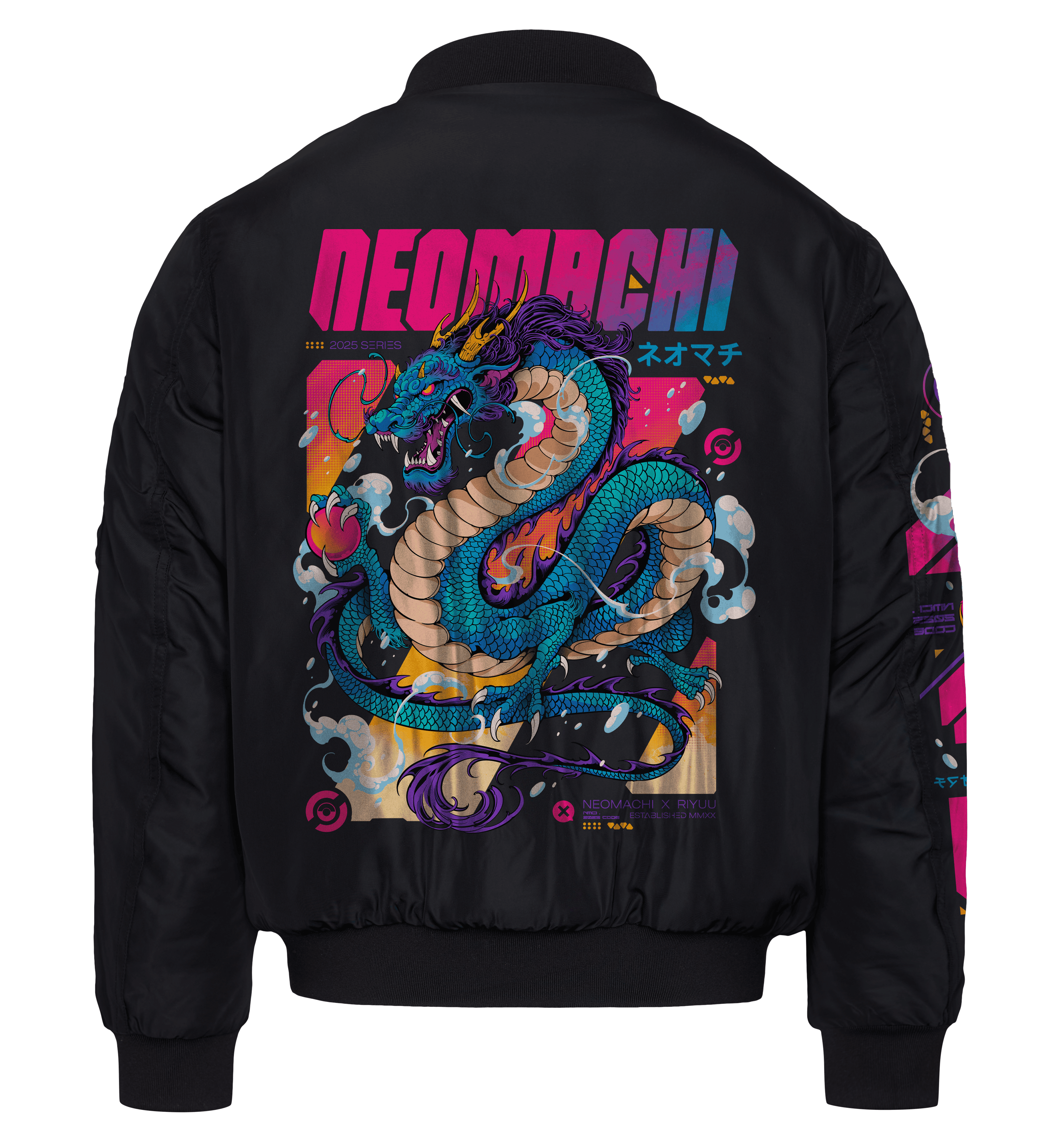 Black bomber jacket with colorful dragon design and 'NEOMACHI' text on the back.