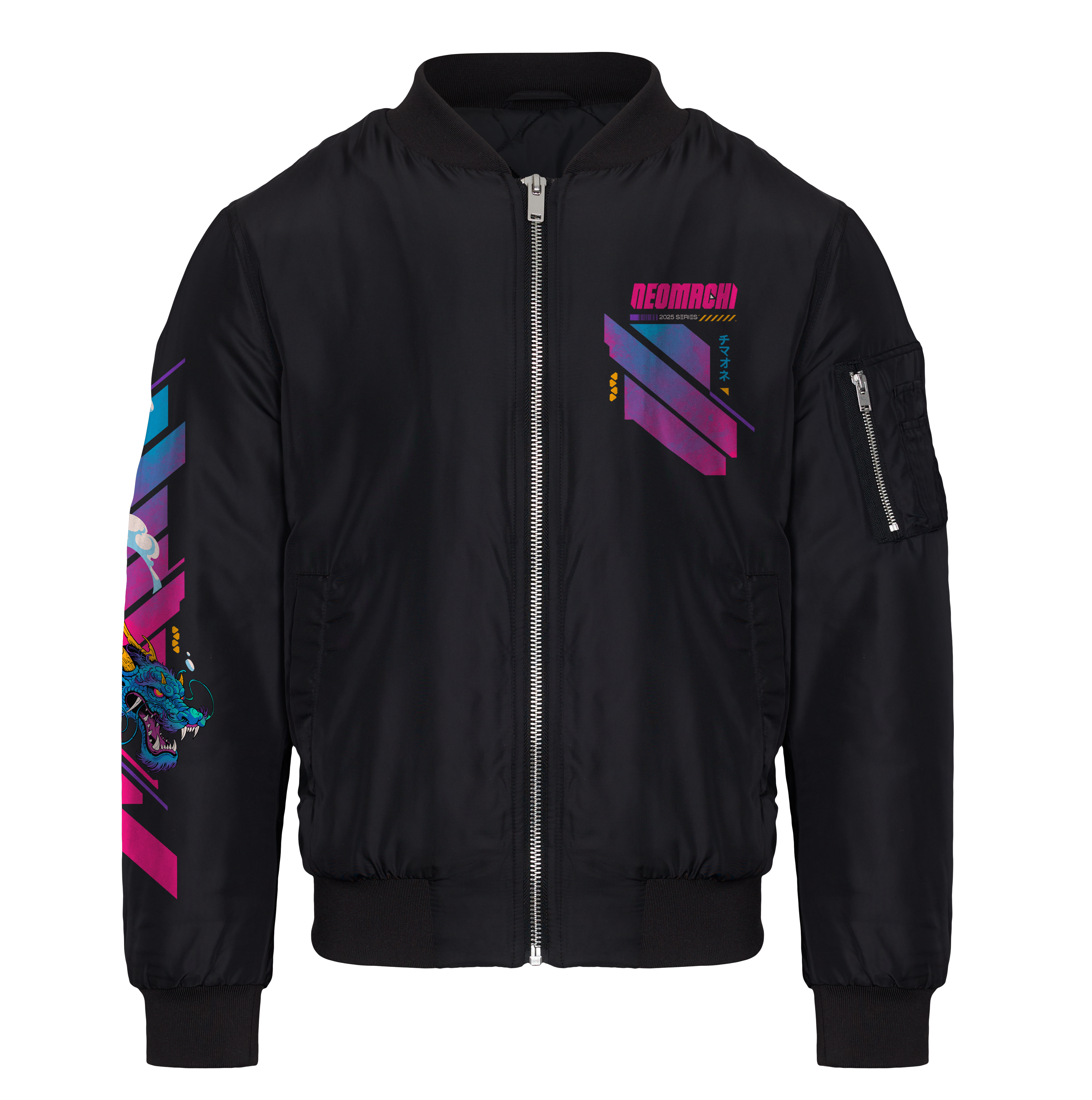 Black bomber jacket with colorful graphics on a white background
