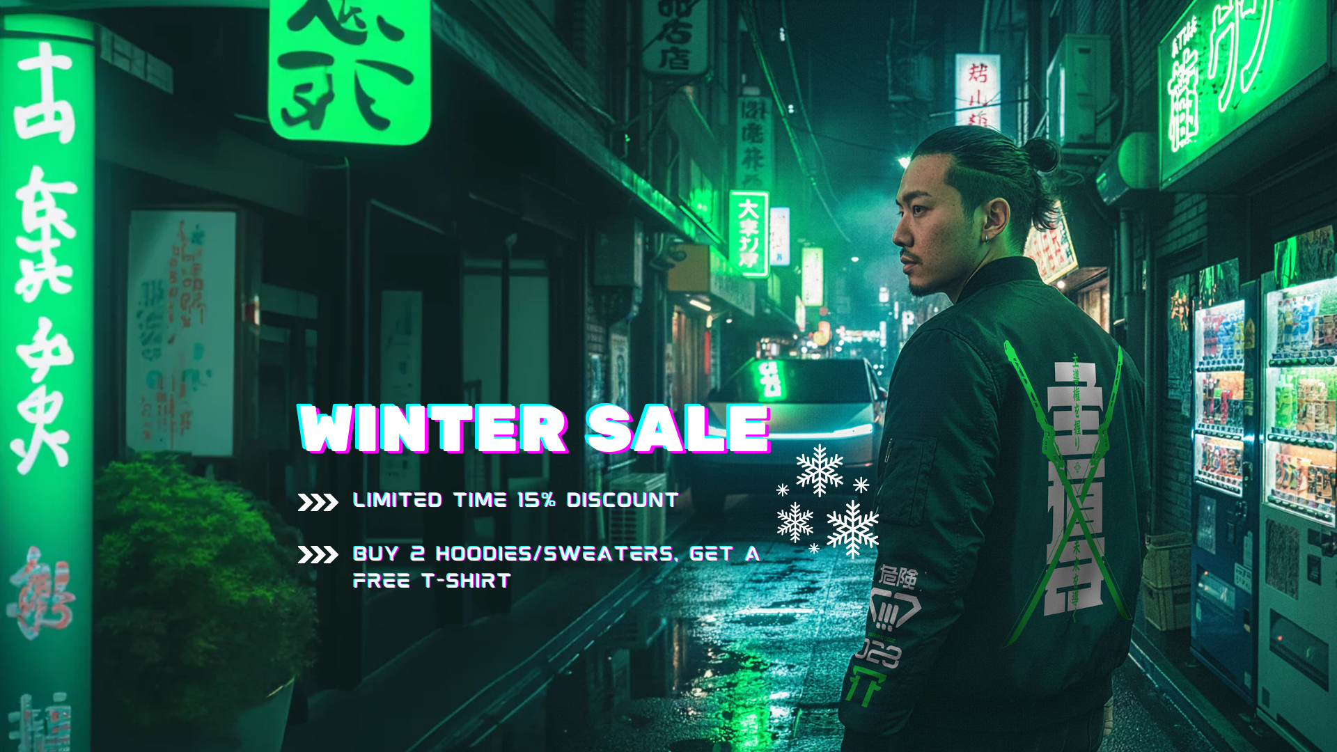 Man standing in a neon-lit urban street with promotional text overlay. Man is wearing a neon green cyberpunk bomber