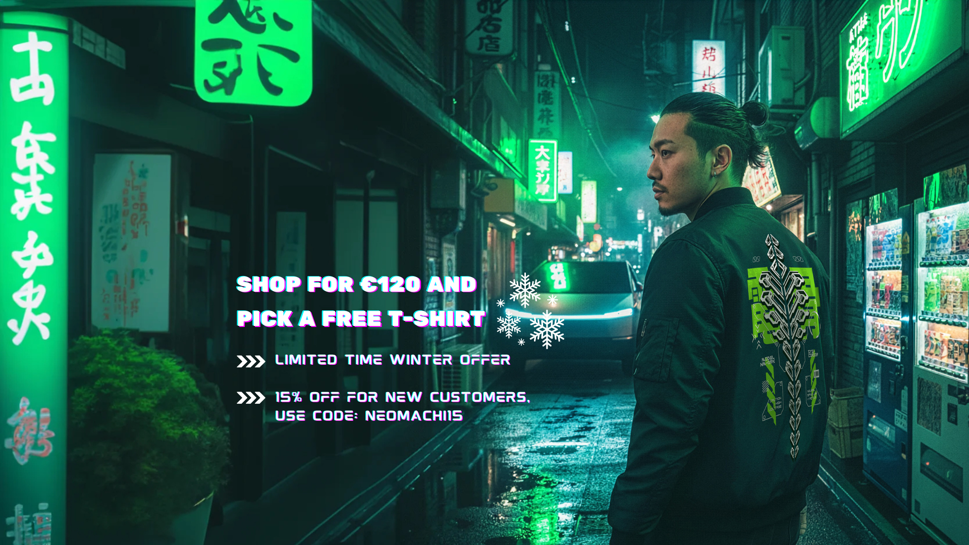 Man standing on a neon-lit street with promotional text overlay