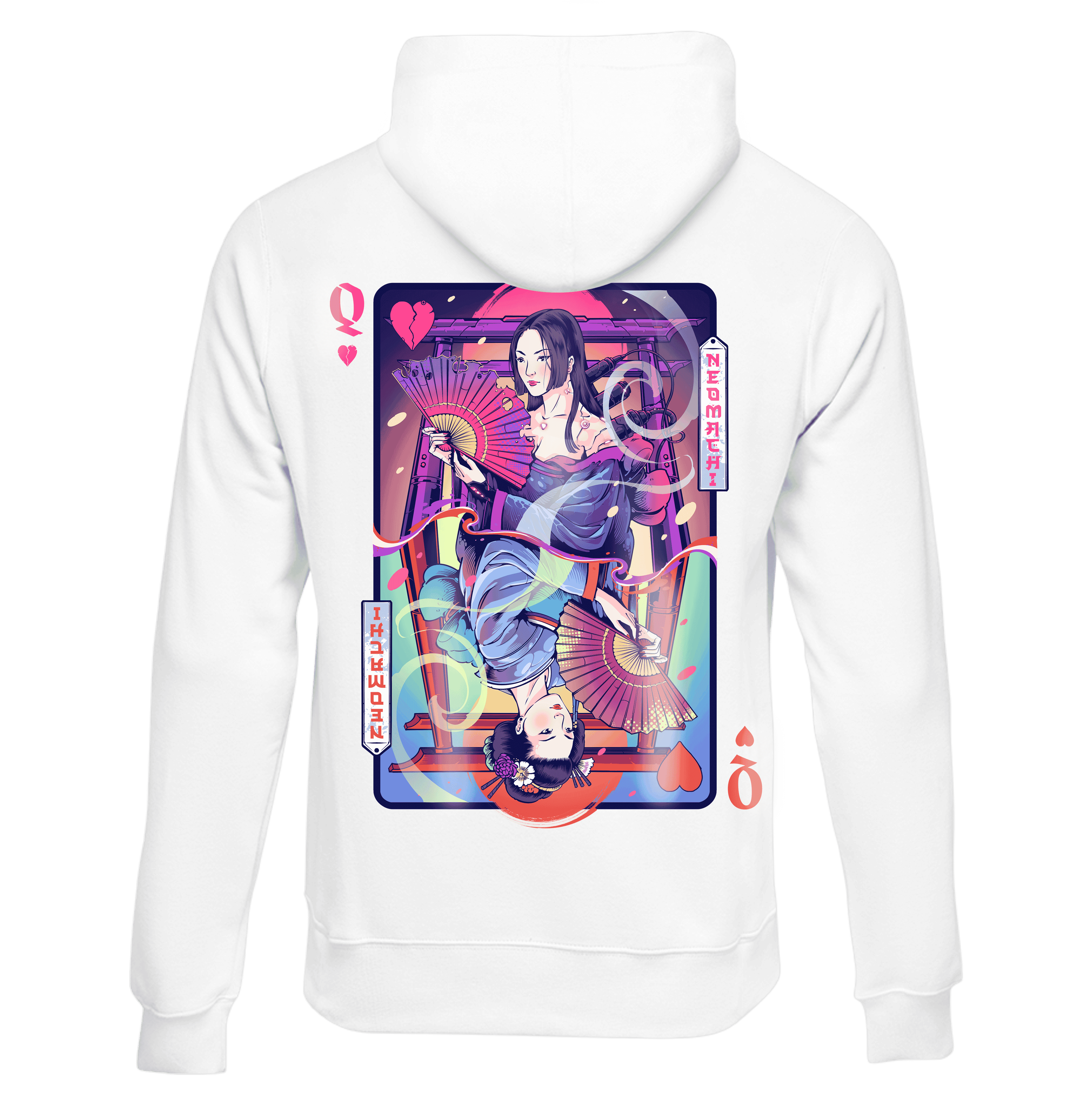 White hoodie with a colorful graphic design on the back featuring a character in a kimono.