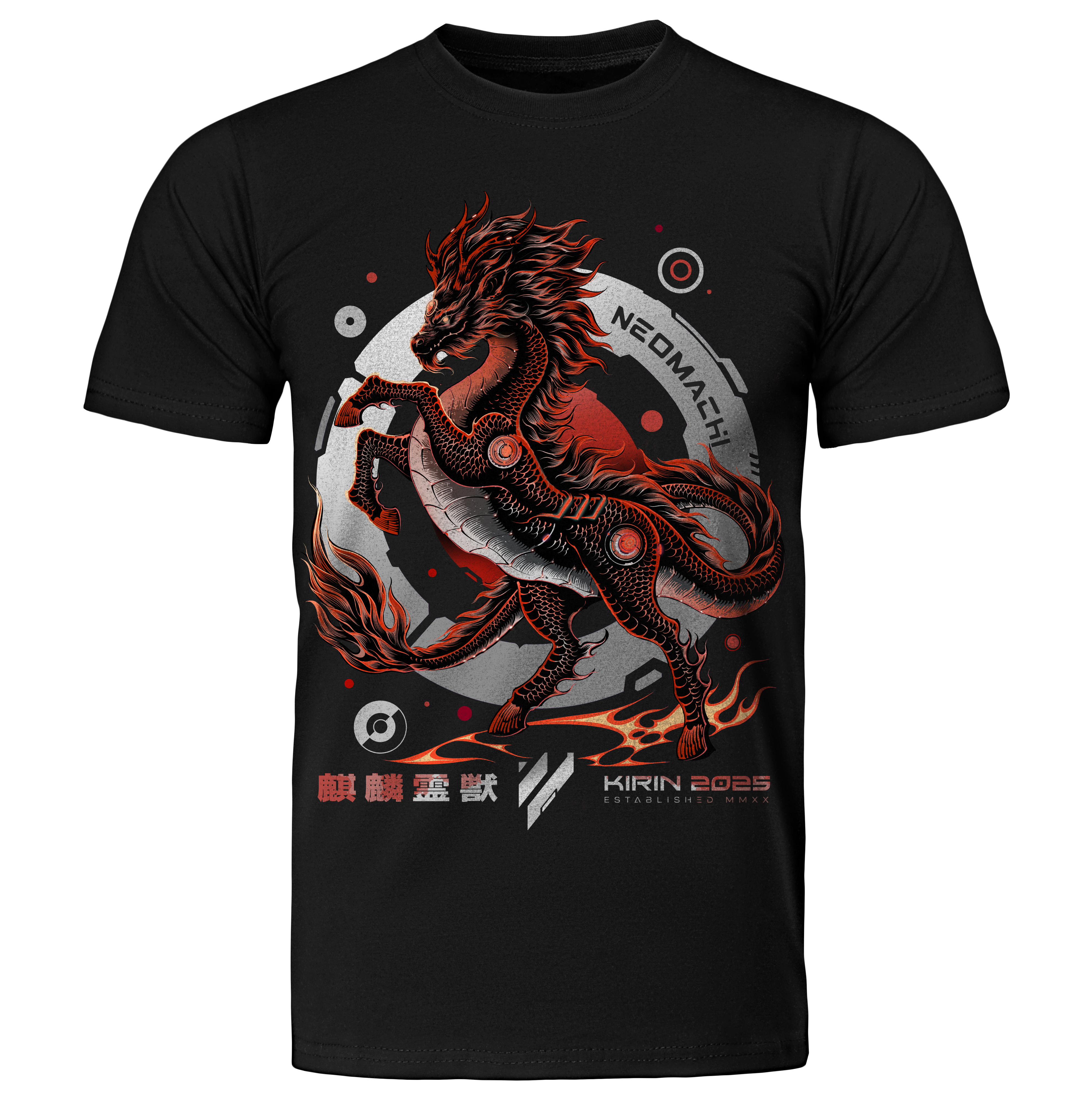Black t-shirt with a dragon graphic and branding on a white background