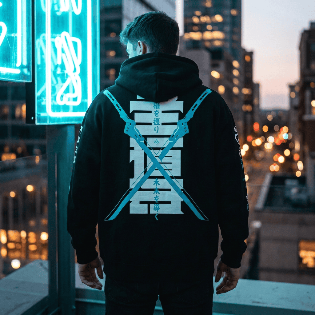 LEAD kanji cyberpunk zip hoodie, view 2