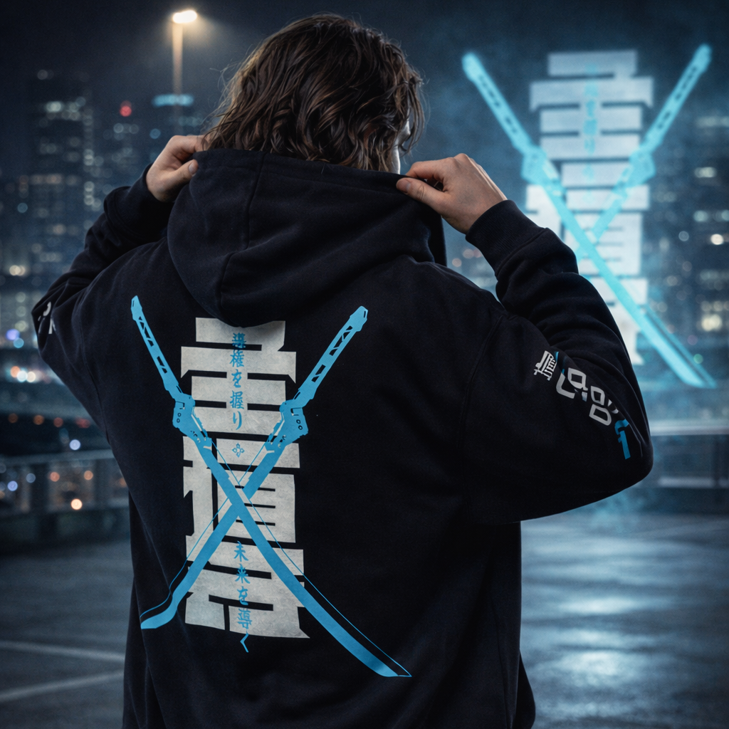 Person wearing a black hoodie with blue and white designs in an urban night setting