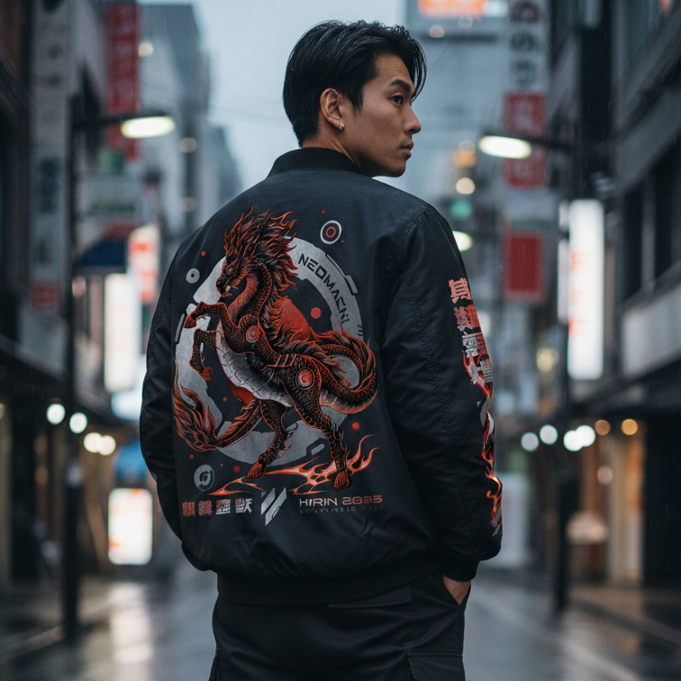 Man wearing a black jacket with a dragon design in an urban setting