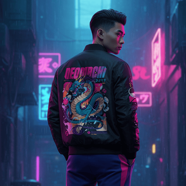 Person wearing a jacket with a dragon design in a neon-lit alleyway