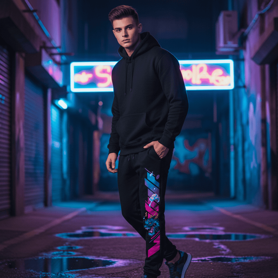Person wearing a black hoodie and pants with colorful designs in a neon-lit alleyway.