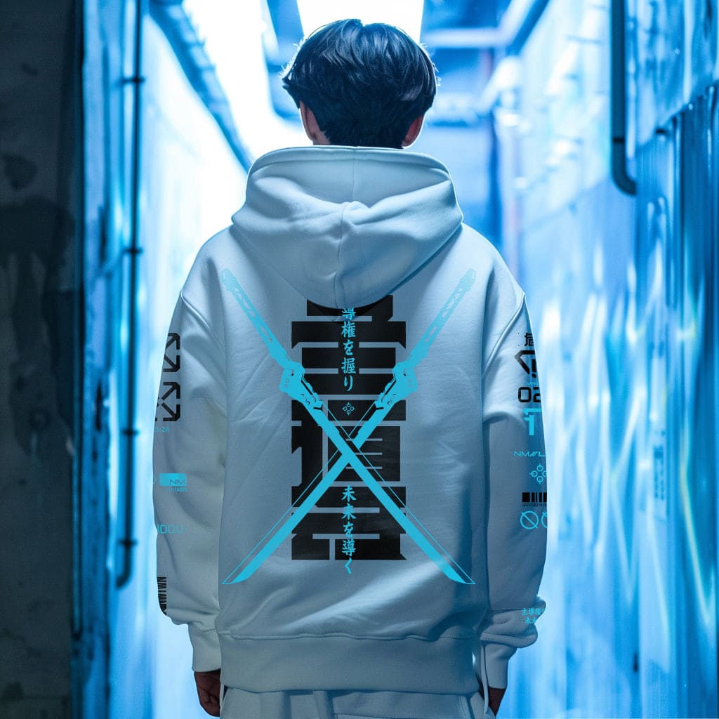 Person wearing a futuristic hoodie with blue accents in a neon-lit corridor