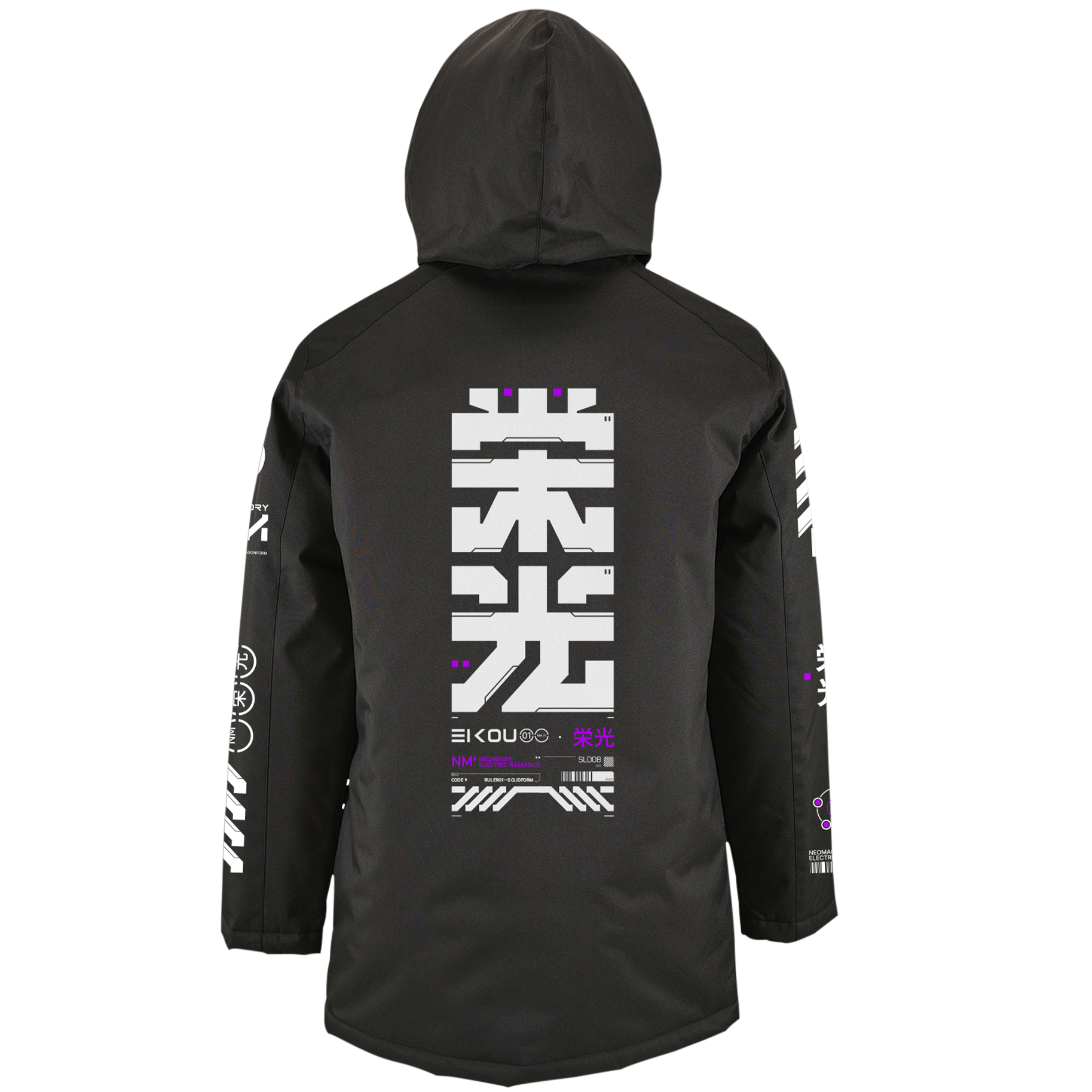 A black parka with a futuristic geometric kanji design on the back, featuring sleeve patterns and branding on the lower side.