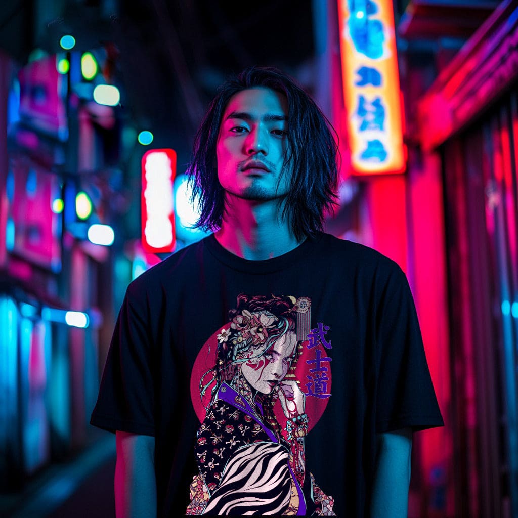 Person wearing a black t-shirt with a graphic design in a neon-lit street