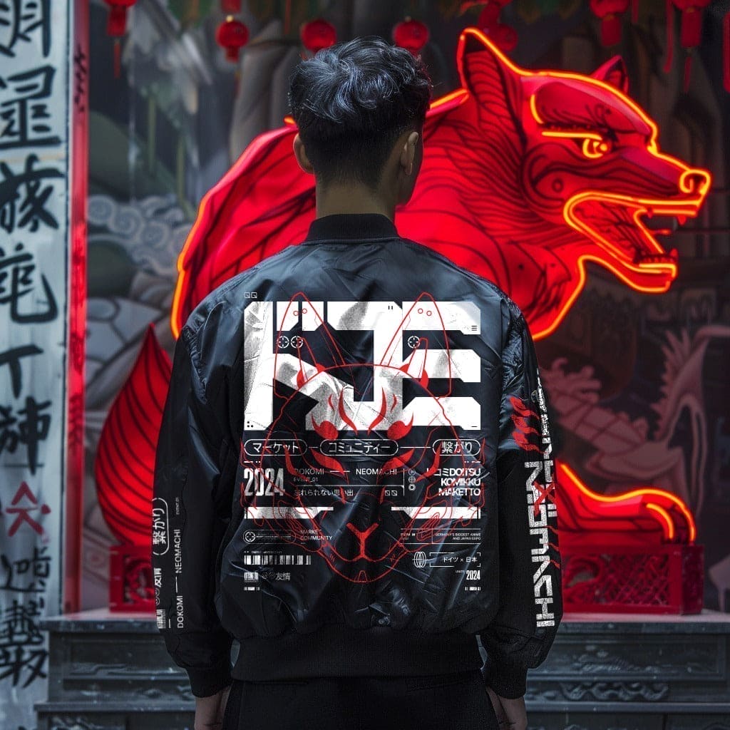 Person wearing a black jacket with white text and graphics, standing in front of a neon dragon sign.