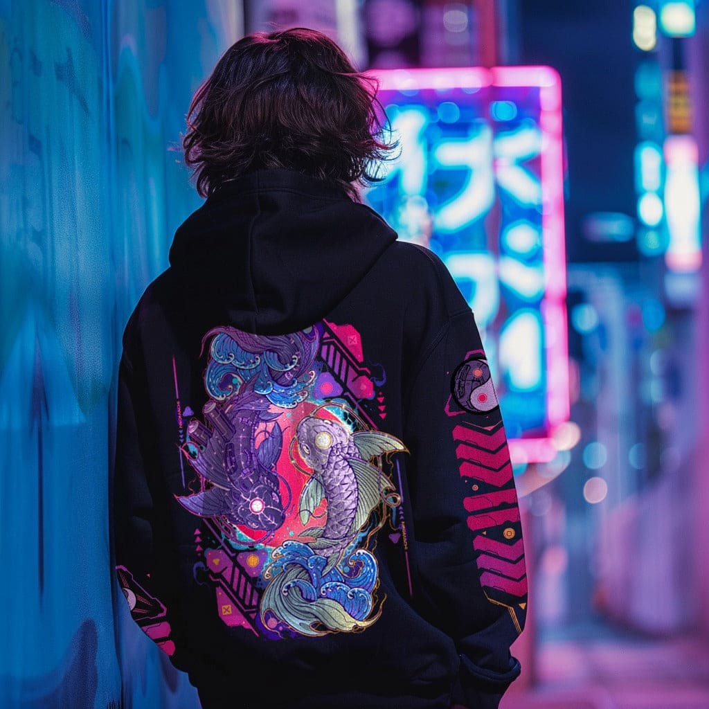 Person wearing a black hoodie with colorful designs in an urban, neon-lit setting