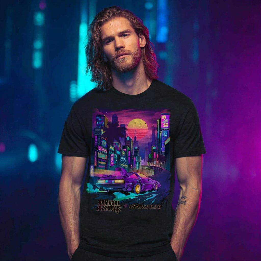 Person wearing a black t-shirt with a colorful graphic design against a vibrant, blurred background.