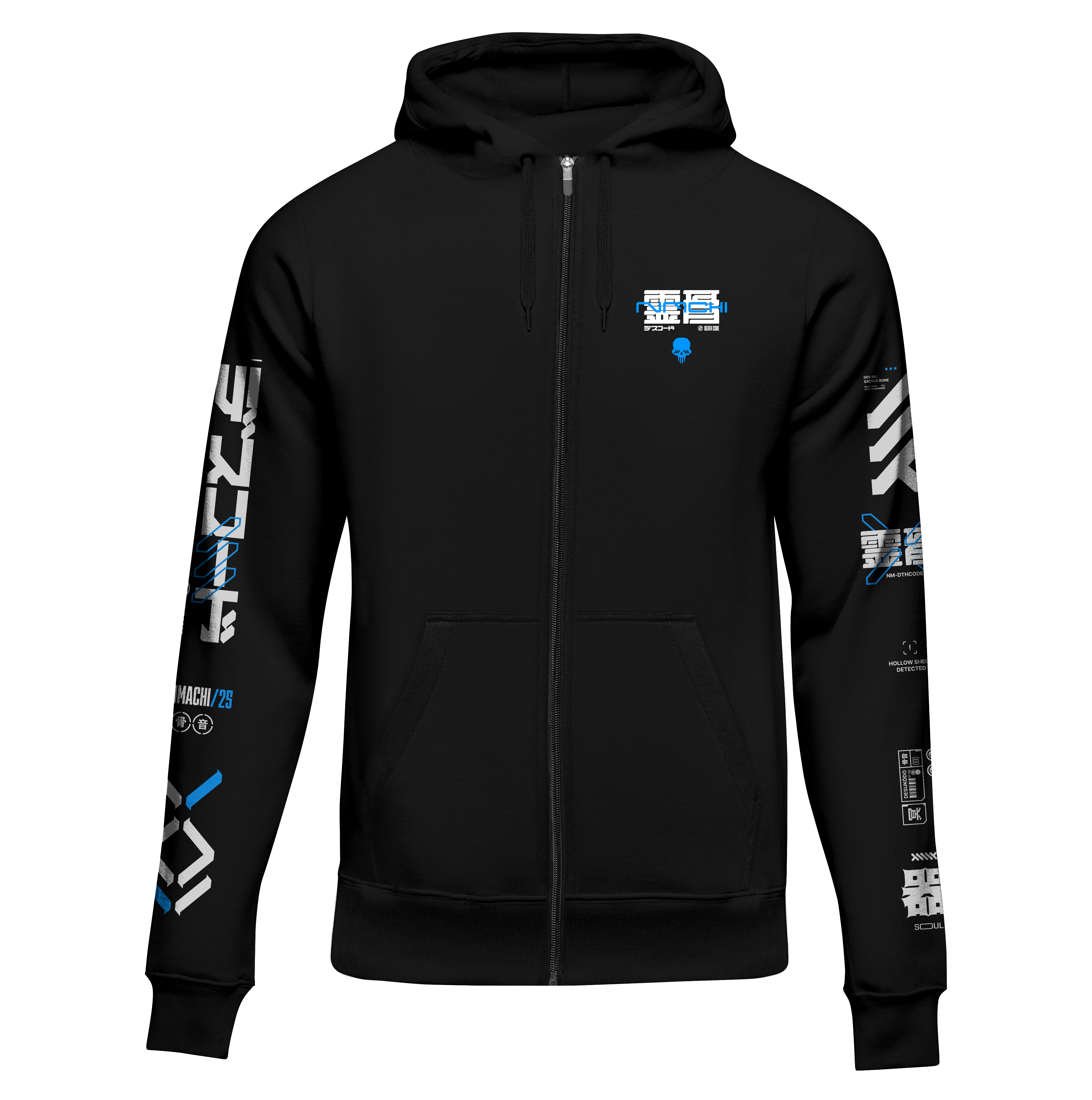 Black hoodie with blue and white graphics on sleeves and chest against a white background