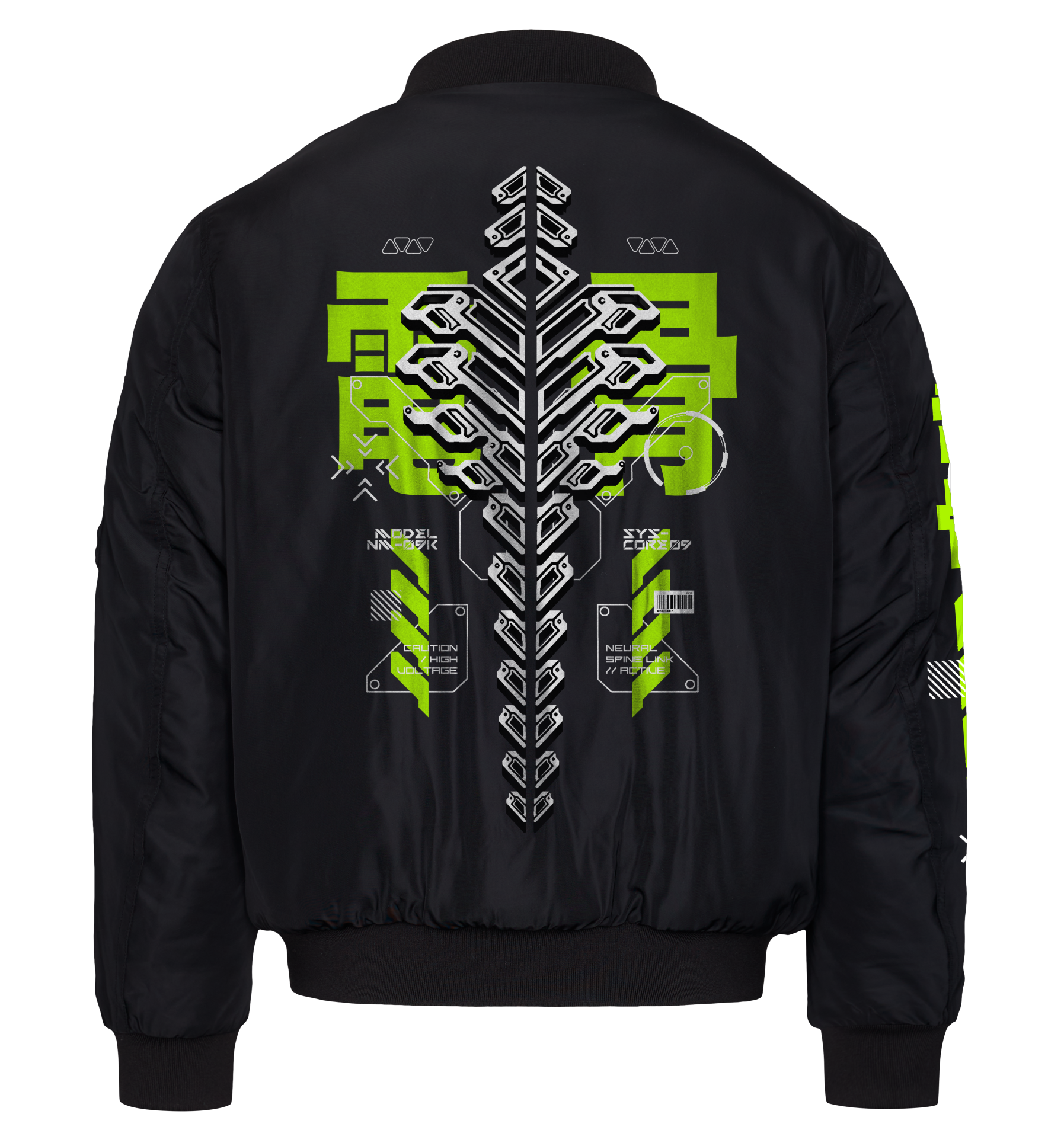 Black bomber jacket with green and white geometric design on the back against a white background