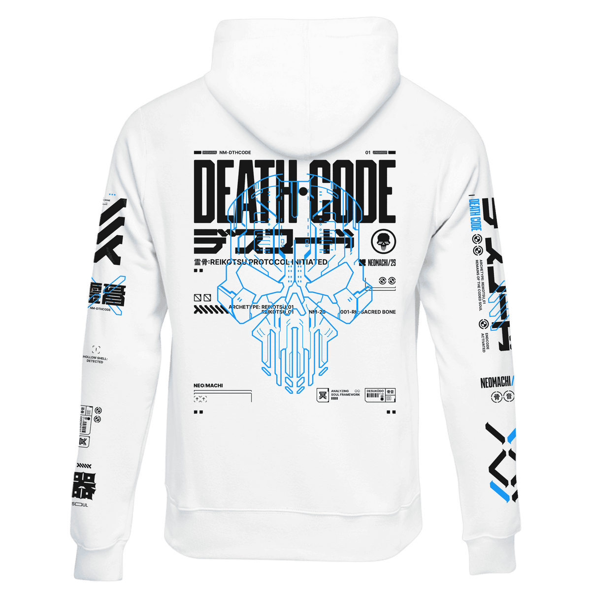 DESUKODO digital skull cyberpunk hoodie, back view