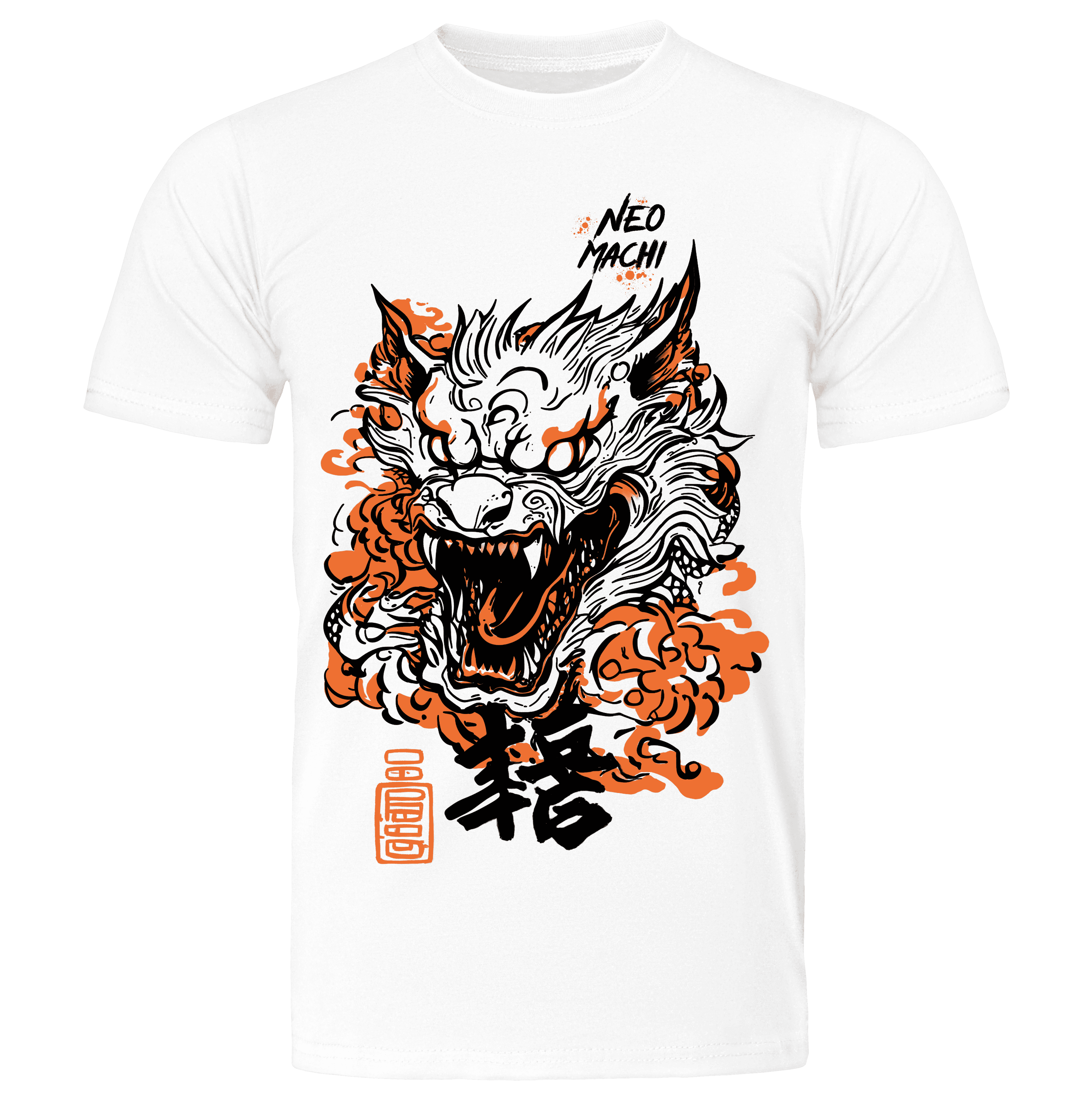White t-shirt with a dragon graphic design featuring orange and black colors on a white background.
