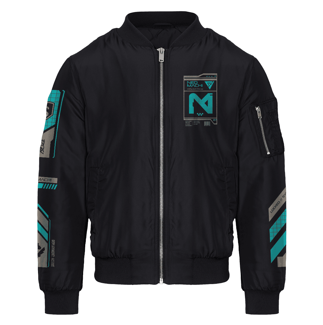 SYSTEM 7 BLUE premium bomber jacket in black, with the blue and grey cyberpunk graphic print.
