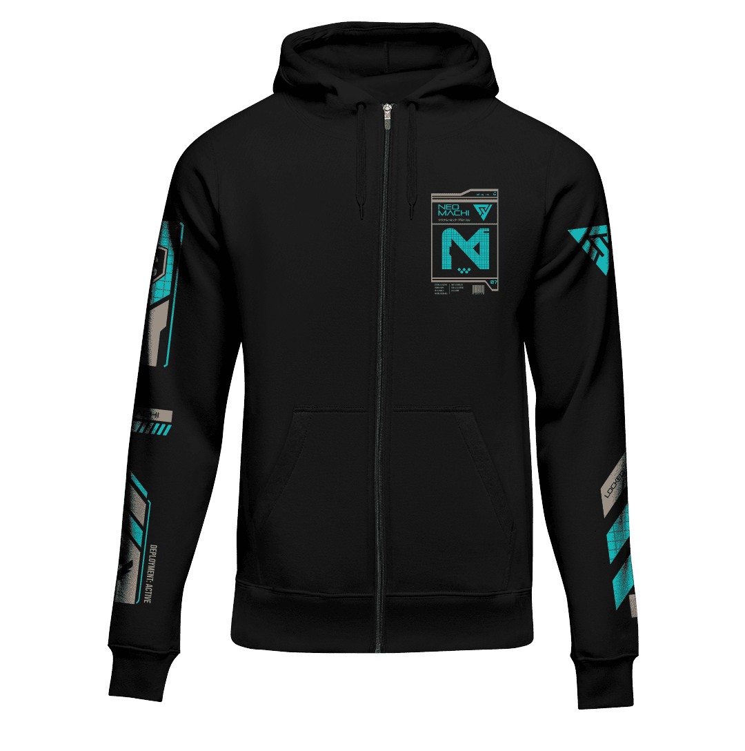 SYSTEM 7 BLUE zip hoodie in black, with the blue and grey cyberpunk graphic print.