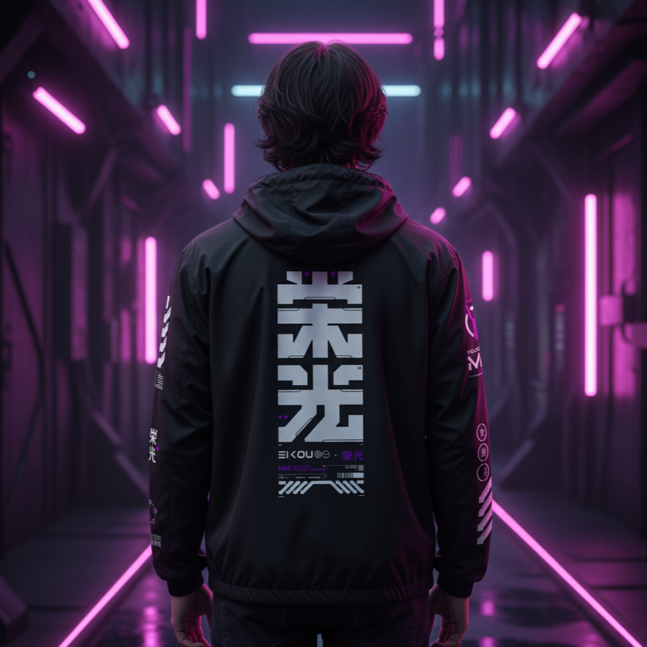 Person wearing a black jacket with white designs in a futuristic, neon-lit corridor.