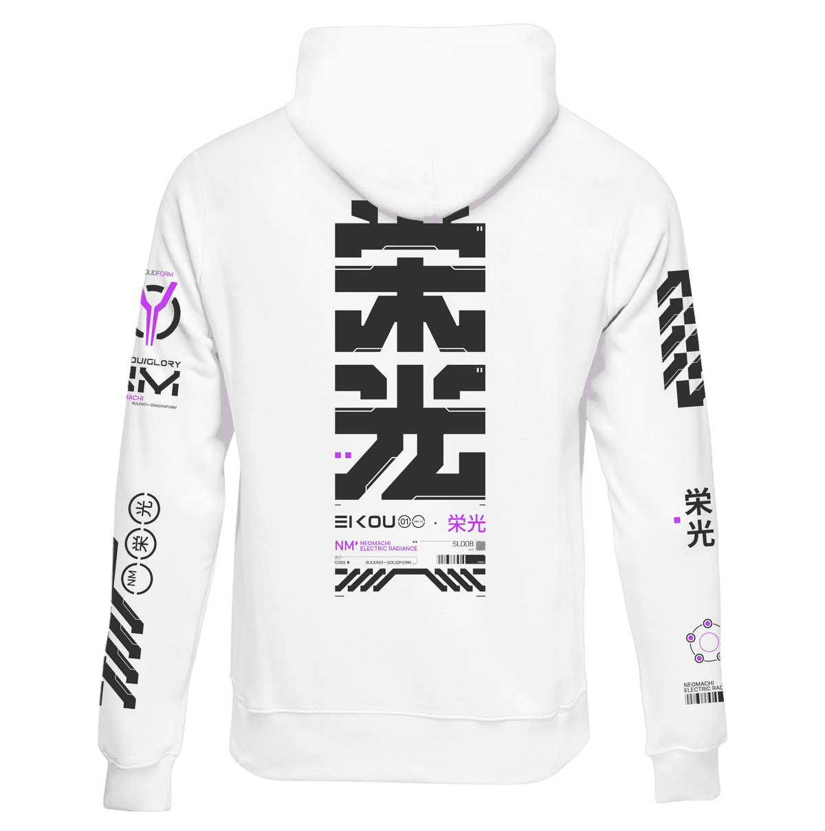 EIKOU glory kanji cyberpunk hoodie, back view