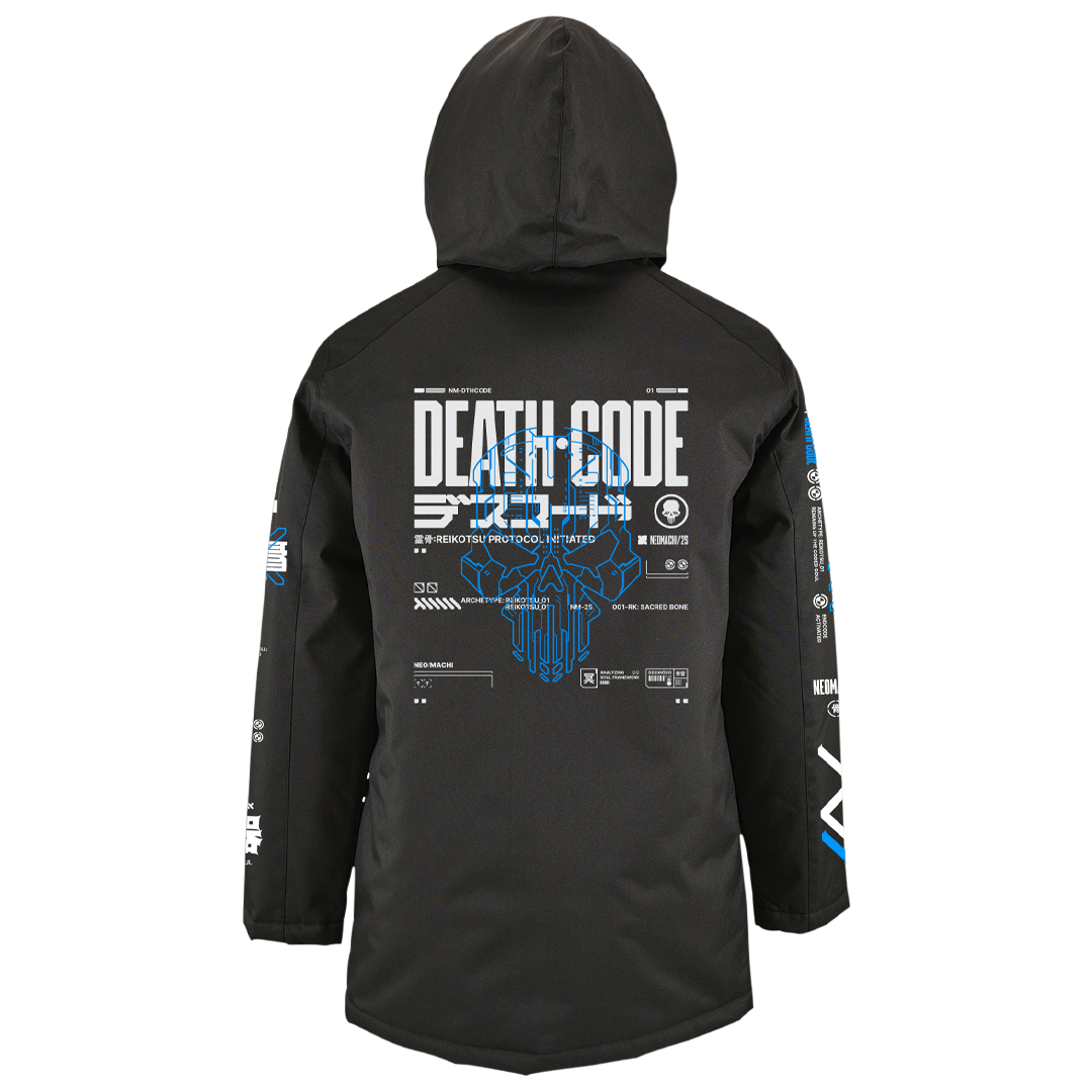 Black jacket with 'Death Code' design on the back against a white background