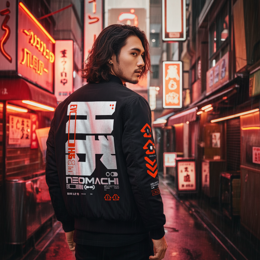 Person wearing a black jacket with Japanese text and graphics in a neon-lit street.