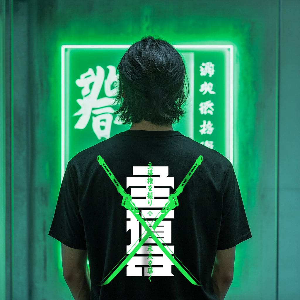 Person wearing a black t-shirt with green and white designs, standing in front of a neon sign with Chinese characters.