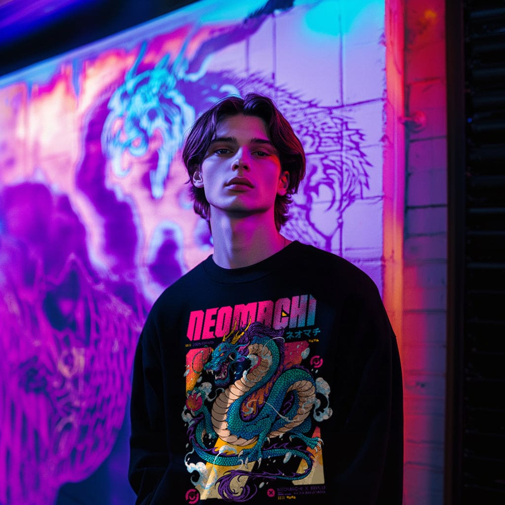 Person wearing a black sweatshirt with a colorful dragon design in front of a vibrant, abstract wall.