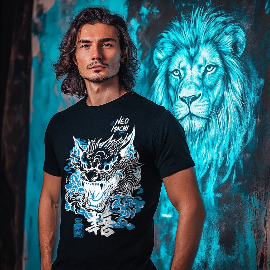 Man wearing a black t-shirt with a dragon design in front of a blue lion illustration.