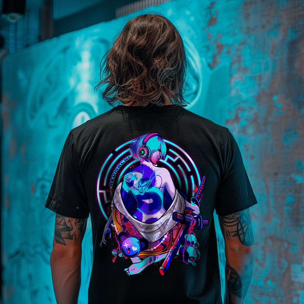 Person wearing a black t-shirt with a colorful graphic design on the back, standing in front of a textured blue wall.