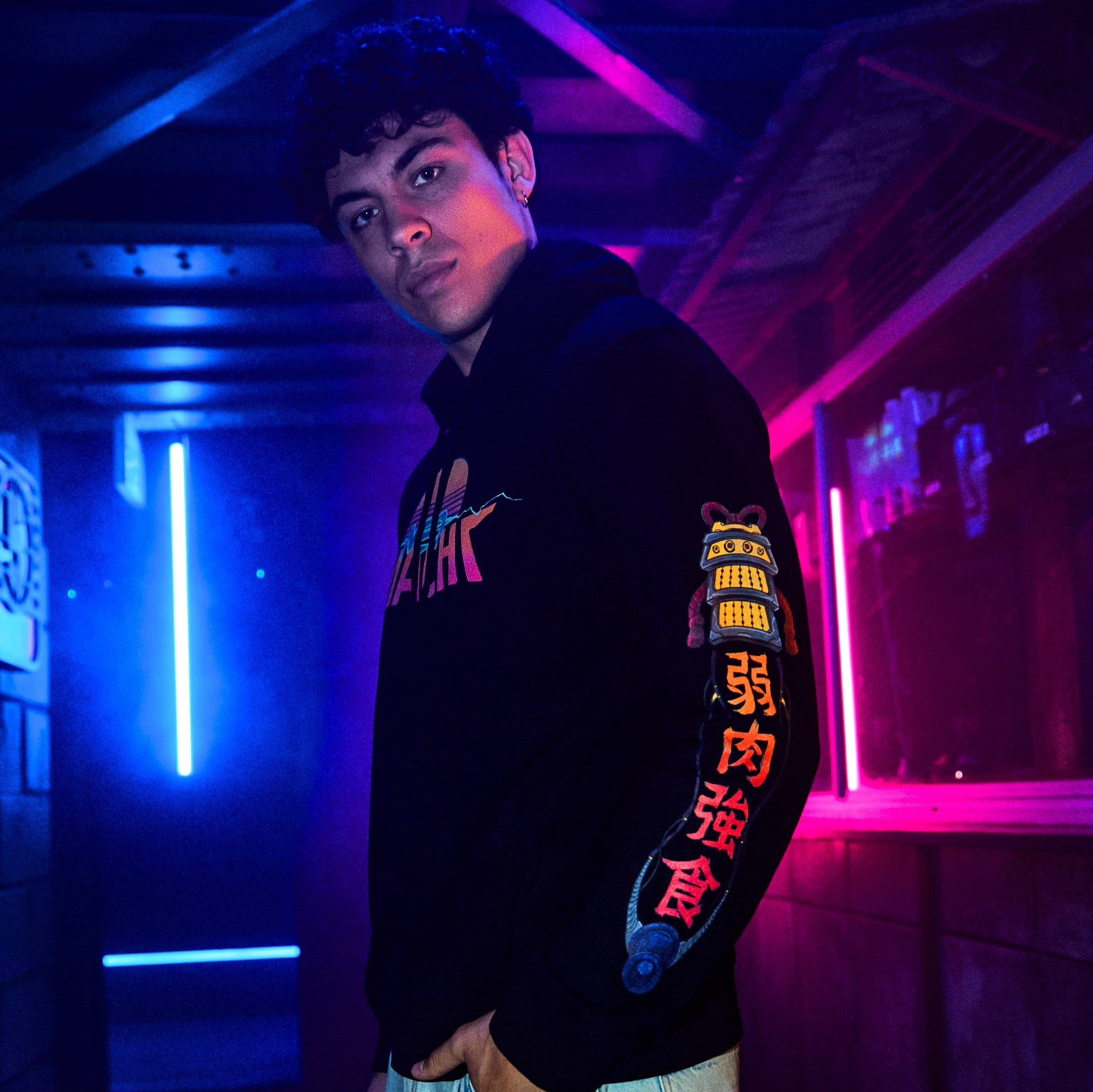 SAMURAITAIGĀ: HOODIE - Black - Model Front - cyberpunk Hoodie - Neomachi